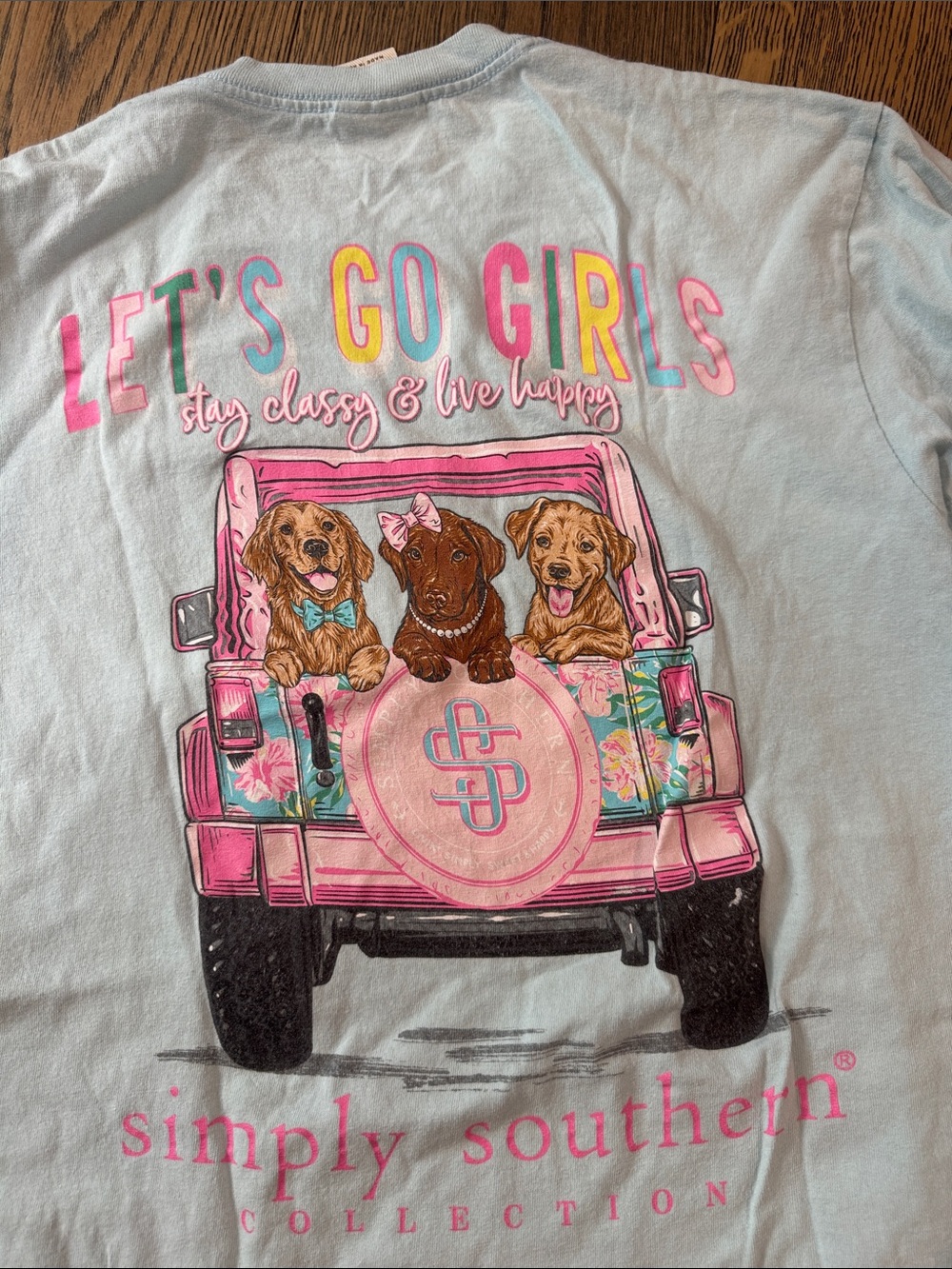 Simply Southern Light Blue Tee with Pink Jeep & Puppy Graphic
